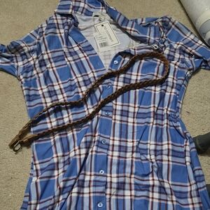 Blue Plaid Midi Dress with Belt